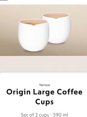 Nespresso Origin Large Coffee Cups Set of 2 Mugs - 390 ml BNIB Origin Collection